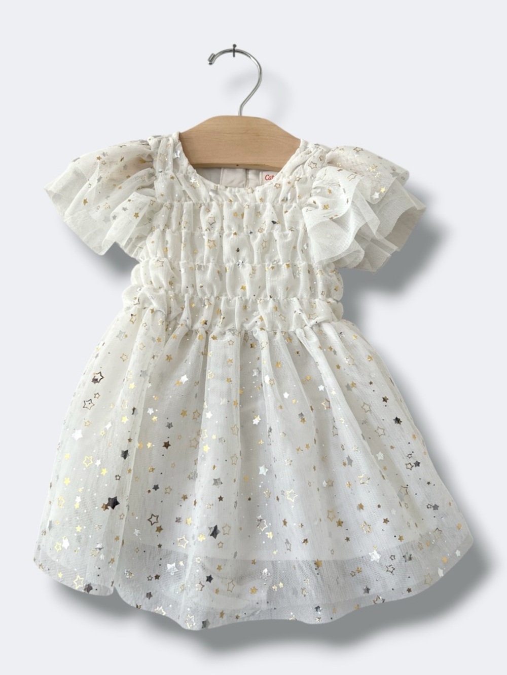 Cat & Jack Ivory Star Tulle Dress Set 12M Gold Silver Ruffle Party Holiday Fairy